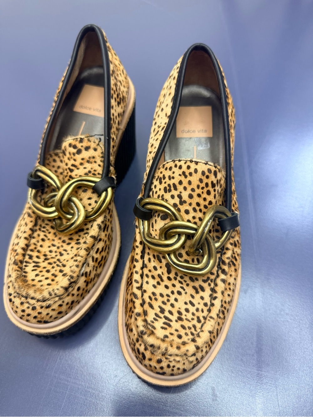Dolce Vita Leopard Print Loafers with Gold Chain Detail